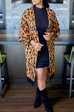Yellow Casual Leopard Print Long Sleeve Fall Winter Mid-length Knitted Sweater Cardigan Coats Outerwear