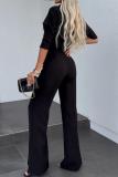 Pink Office Lady Business Casual Half A Turtleneck Three Quarter Sleeve Tops and Wide Leg Pants Two Pieces Sets
