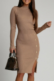 Black Casual Half A Turtleneck Long Sleeve Side Slit Wrapped Skirt Fall Winter Knitted Bodycon Mini Dresses