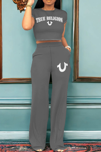 Black White Letter Print Round Neck Short Sleeve T-shirt and Wide Leg Pants Two Pieces Matching Sets