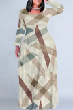 White Casual Geometric Flowers Print Pocket V Neck Long Sleeve Floor Length Maxi Dresses