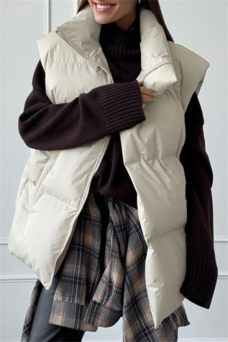 Apricot Casual Zipper Stand Mandarin Collar Sleeveless Fall Winter Padded Waistcoats Outerwear