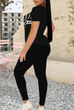 White Sportwear Casual Letter Print Contrast Round Neck Short Sleeve T-shirt and Pencil Sweatpants Two Pieces Sweatsuits Sets