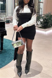 Black Color Block Turndown Collar Long Sleeve Asymmetrical Hem Detail Evening Parties Bodycon Mini Shirt Dress