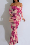 Pink Floral Print Off Shoulder Long Flutter Sleeve Mermaid Hem Vacation Boho Style Maxi Dress