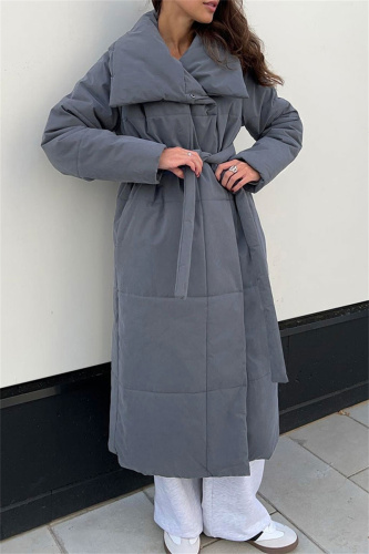 Off-white Casual Cardigan With Belt Lapel Turndown Collar Fall Winter Long Padded Jacket Coats Outerwear