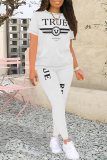 White Sportwear Casual Letter Print Contrast Round Neck Short Sleeve T-shirt and Pencil Sweatpants Two Pieces Sweatsuits Sets