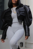 Black PU Leather Casual Turndown Collar Long Sleeve Fall Winter Short Motorcycle Jackets Coats Outerwear