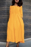 Yellow Casual Pocket O Neck 3/4 Sleeve Long Cotton And Linen Vacation A Line Maxi Dresses