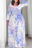White Casual Geometric Flowers Print Pocket V Neck Long Sleeve Floor Length Maxi Dresses