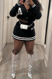 Black Casual Letters Striped Button up V Neck Long Sleeve Sweater Cardigans and Mini Pleated Skirts Two Pieces Dress Sets