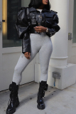 Black PU Leather Casual Turndown Collar Long Sleeve Fall Winter Short Motorcycle Jackets Coats Outerwear