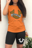 Black Casual Letter Print O Neck Short Sleeve T-shirt And Short Two Pieces Short Sets