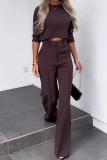 Pink Office Lady Business Casual Half A Turtleneck Three Quarter Sleeve Tops and Wide Leg Pants Two Pieces Sets