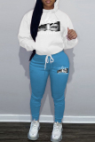 White Blue Sportwear Casual Letter Eye Print Hooded Long Sleeve Sweatshirt and Pencil Sweatpants Fall Winter Two Pieces Sweatsuits Sets