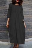 Yellow Casual Pocket O Neck 3/4 Sleeve Long Cotton And Linen Vacation A Line Maxi Dresses
