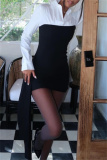 Black Color Block Turndown Collar Long Sleeve Asymmetrical Hem Detail Evening Parties Bodycon Mini Shirt Dress