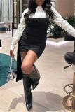 Black Color Block Turndown Collar Long Sleeve Asymmetrical Hem Detail Evening Parties Bodycon Mini Shirt Dress