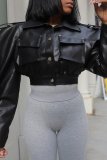 Black PU Leather Casual Turndown Collar Long Sleeve Fall Winter Short Motorcycle Jackets Coats Outerwear