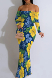 Pink Floral Print Off Shoulder Long Flutter Sleeve Mermaid Hem Vacation Boho Style Maxi Dress