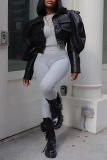 Black PU Leather Casual Turndown Collar Long Sleeve Fall Winter Short Motorcycle Jackets Coats Outerwear
