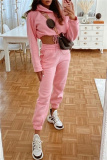 White Sportwear Casual Letter Print Hooded Long Sleeve Drawstring Hem Sweatshirt and Sweatpants Fall Winter Two Pieces Sweatsuits Sets