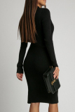 Black Casual Half A Turtleneck Long Sleeve Side Slit Wrapped Skirt Fall Winter Knitted Bodycon Mini Dresses