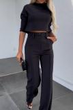 Pink Office Lady Business Casual Half A Turtleneck Three Quarter Sleeve Tops and Wide Leg Pants Two Pieces Sets
