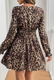 Leopard Print V-Neck Long Sleeve Lace Trim Belted Waist Casual Outings Streetwear Mini Dress