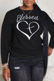 Black Purple Casual Letter Heart Print Round Neck Long Sleeve Fall Winter Sweatshirts Tops