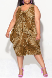 White Brown Casual Letter Gradient Print Irregular U Neck Irregular Hem Plus Size Midi Tank Dresses