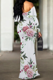 Apricot Floral Print Off Shoulder Long Flutter Sleeve Mermaid Hem Vacation Boho Maxi Dress