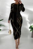Blue Geometric African Print O Neck Long Sleeve Casual Outing Bodycon Pencil Midi Dress