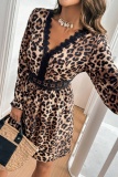 Leopard Print V-Neck Long Sleeve Lace Trim Belted Waist Casual Outings Streetwear Mini Dress