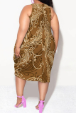 White Brown Casual Letter Gradient Print Irregular U Neck Irregular Hem Plus Size Midi Tank Dresses
