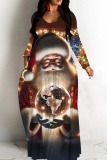 Multicolor Casual Santa Claus Print O Neck Long Sleeve Straight Loose Vacation Plus Size Maxi T-shirt Dresses