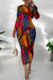Blue Geometric African Print O Neck Long Sleeve Casual Outing Bodycon Pencil Midi Dress