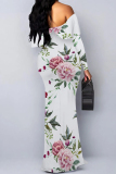 Apricot Floral Print Off Shoulder Long Flutter Sleeve Mermaid Hem Vacation Boho Maxi Dress