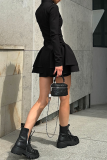 Black Evening Formal Party Zipper Turtleneck Long Sleeve Ruffle Hem A Line Sweater Mini Dresses