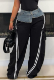 Grey Loose Casual Stripe Buttons Denim Patchwork Loose High Waist Wide Leg Pants Trousers Bottoms