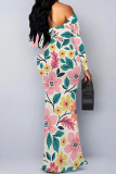 Apricot Floral Print Off Shoulder Long Flutter Sleeve Mermaid Hem Vacation Boho Maxi Dress