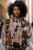 Brown Casual Loose African Girl Figure Print Draw String Hooded Collar Long Sleeve Fall Winter Sweatshirts Tops