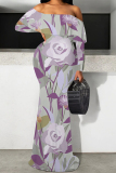 Apricot Floral Print Off Shoulder Long Flutter Sleeve Mermaid Hem Vacation Boho Maxi Dress