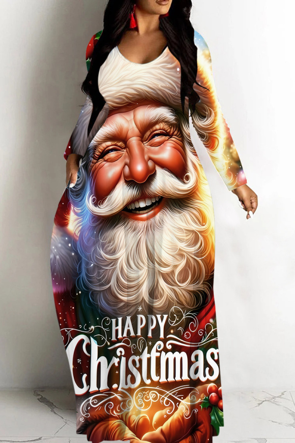 Multicolor Casual Santa Claus Print O Neck Long Sleeve Straight Loose Vacation Plus Size Maxi T-shirt Dresses