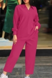 Rose Red Casual V Neck Long Sleeve Blouse And Pants Pocket Plus Size Vacation Two Pieces Trouser Sets