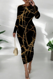 Blue Geometric African Print O Neck Long Sleeve Casual Outing Bodycon Pencil Midi Dress