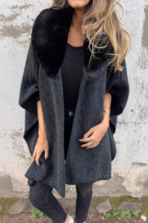 Casual Loose Fur Turndown Collar Long Batwing Sleeve Mid-length Fall Winter Cloak Coats Cardigans