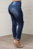 Casual Skinny Leopard Patchwork Ripped Patch Mid Waist Pencil Denim Jeans