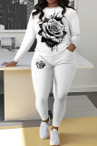 White Sportwear Casual Floral Print Round Neck Long Sleeve Sweatshirt and Pencil Sweatpants Fall Winter Two Pieces Sweatsuits Sets