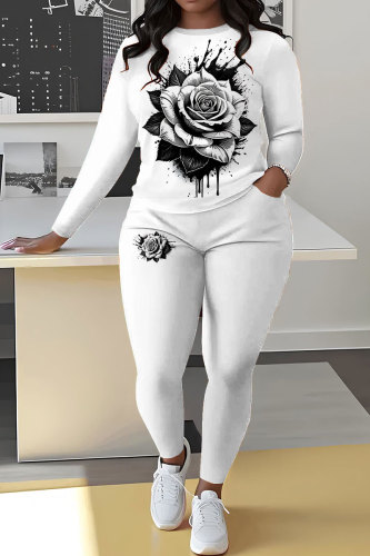 White Sportwear Casual Floral Print Round Neck Long Sleeve Sweatshirt and Pencil Sweatpants Fall Winter Two Pieces Sweatsuits Sets